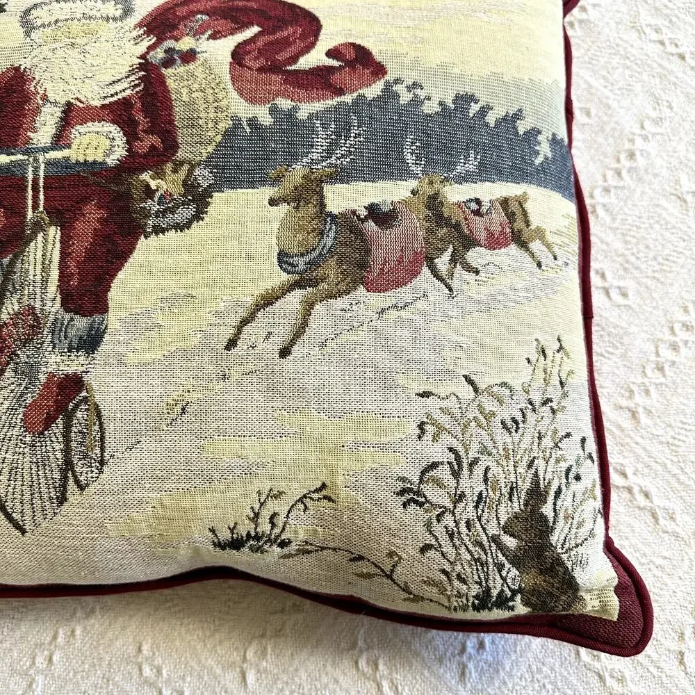 Vintage Santa Tapestry Throw Pillow Holiday Christmas Decor Unicycle Bunny 17x16